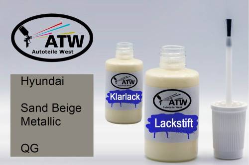 Hyundai, Sand Beige Metallic, QG: 20ml Lackstift + 20ml Klarlack - Set, von ATW Autoteile West.